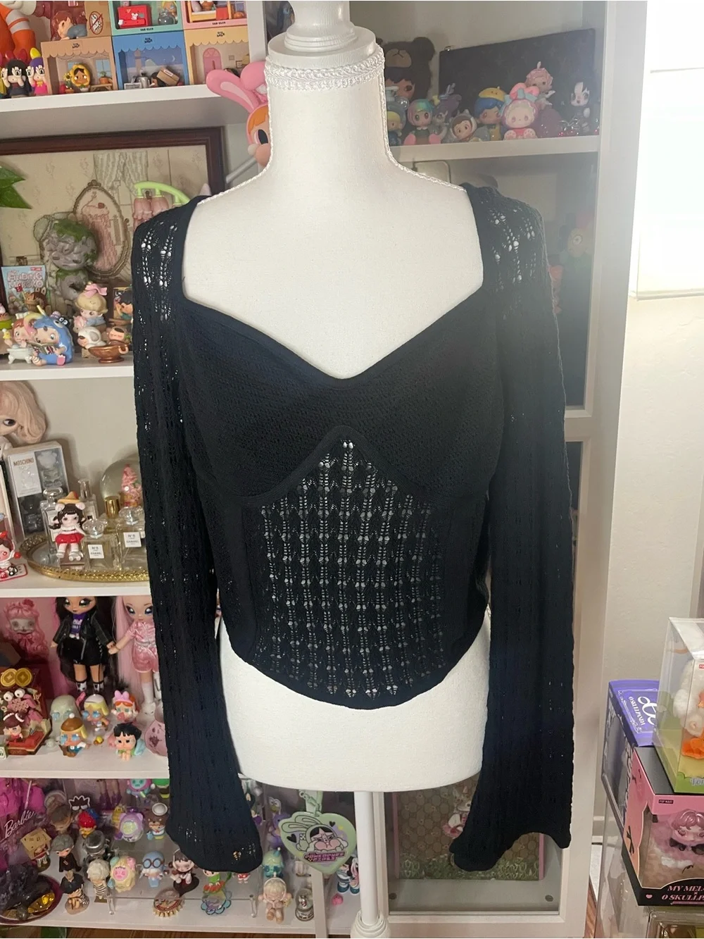 H&M Black Crochet Knit Tie-Back Long Sleeve Crop Top Size L